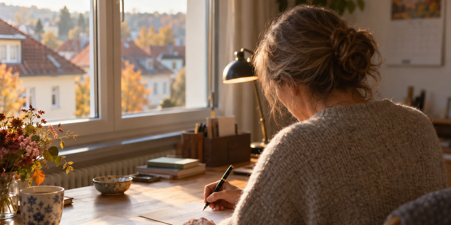 Frau am Schreibtisch vor einem Fenster mit Blick auf Wohnhäuser, sie schreibt mit einem Füller auf ein Blatt Papier