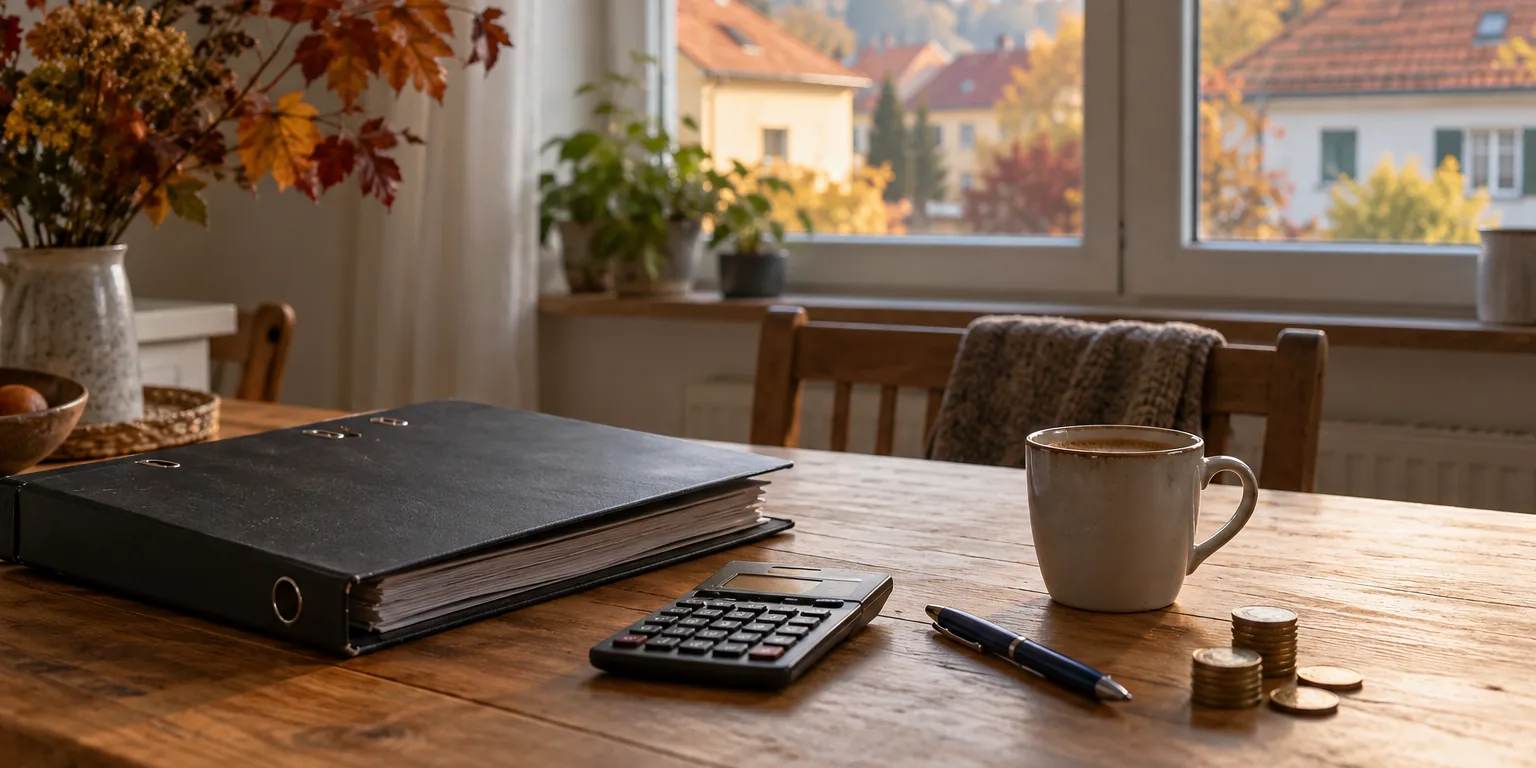Küchentisch mit Ordner, Taschenrechner, Kugelschreiber, Kaffeetasse und einem Stapel Euromünzen, im Hintergrund Wohnhäuser im Herbst