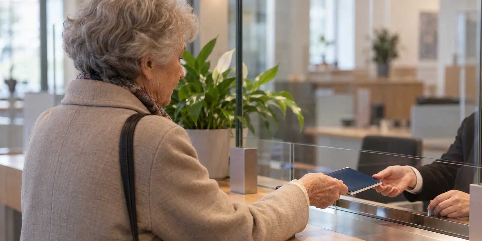 Ältere Frau reicht am Bankschalter ein dunkelblaues Sparbuch durch die Glasscheibe
